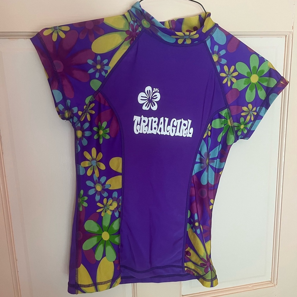 Tribal Girl Purple Floral Kids Swim Rashguard